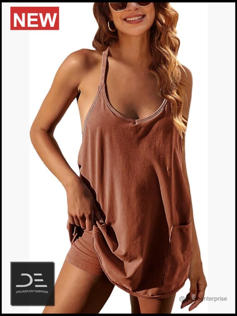 Sleeveless Mini Dress with Built-in Shorts V Neck Spaghetti Strap Athletic